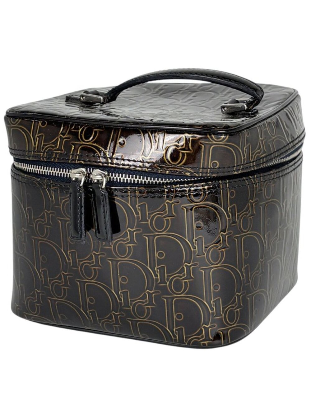 Dior Makeup Pouch Trotter Pattern Vanity Patent Leather Blanc